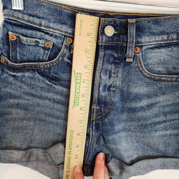 Levi's High Rise Button Fly Wedgie Shorts Mid Wash Cuffed Hem Cheeky Denim Short - Picture 11 of 12